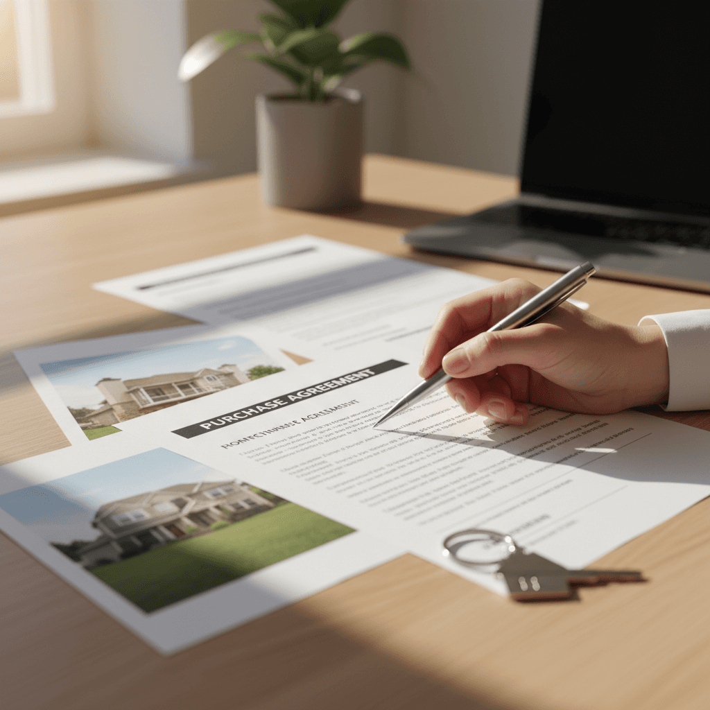 Homeowner reviewing house sale offer at kitchen table